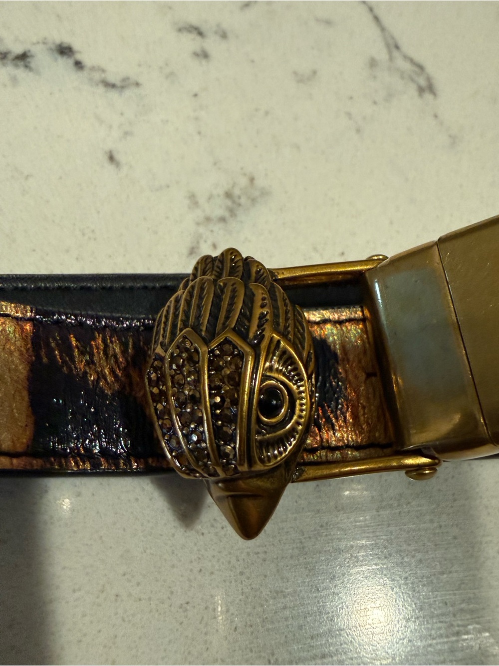Kurt Geiger Metallic Black-Brown Leather Belt with Gold Bird-Head Buckle